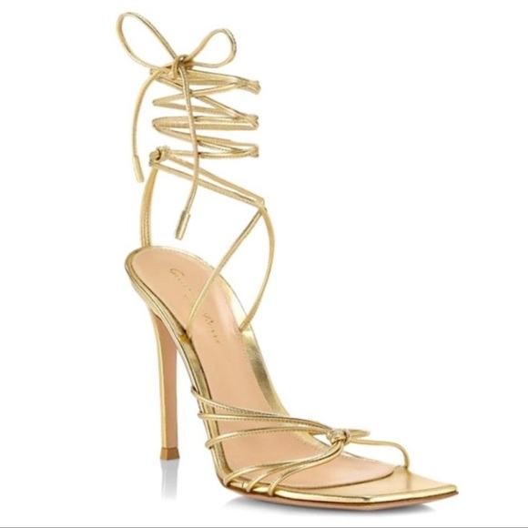 Gianvito Rossi Metallic leather strap lace up ankle wrap stilettos gold. - Picture 6 of 6